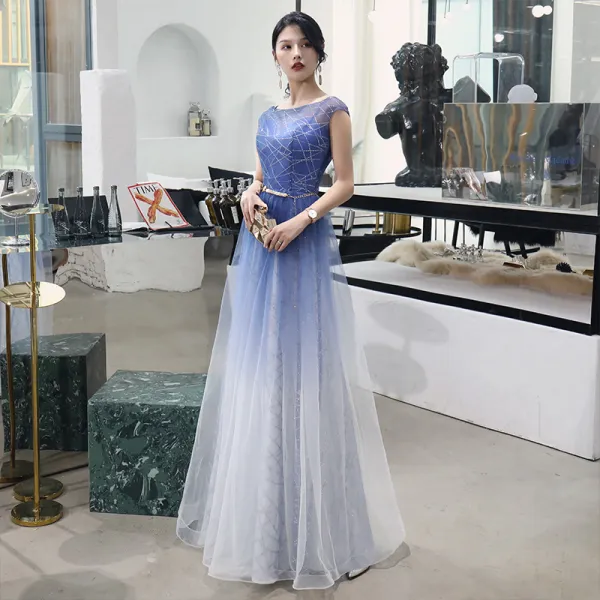 Modern Fashion Gradient Color Evening Dresses 2018 A Line Princess Metal Sash Sequins Scoop Neck Backless