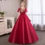 Affordable Burgundy Prom Dresses 2018 Ball Gown Lace Appliques Rhinestone V-Neck Backless Short Sleeve Floor-Length / Long Formal Dresses