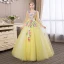 Affordable Flower Fairy Yellow Prom Dresses 2018 Ball Gown Appliques V-Neck Backless 3/4 Sleeve Floor-Length / Long Formal Dresses