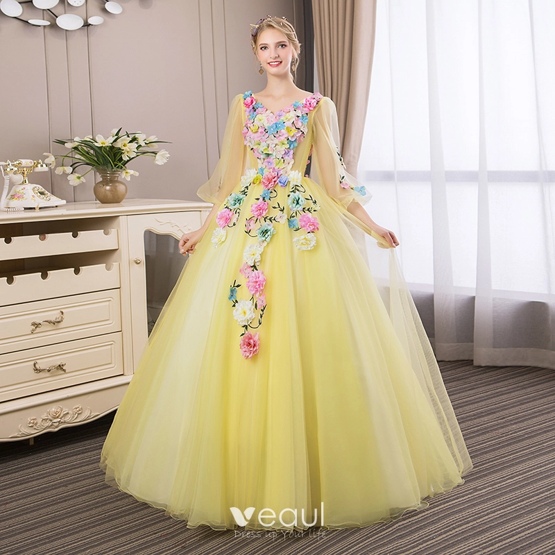 Affordable Flower Fairy Yellow Prom Dresses 2018 Ball Gown Appliques V Neck Backless 3 4 Sleeve Floor Length Long Formal Dresses