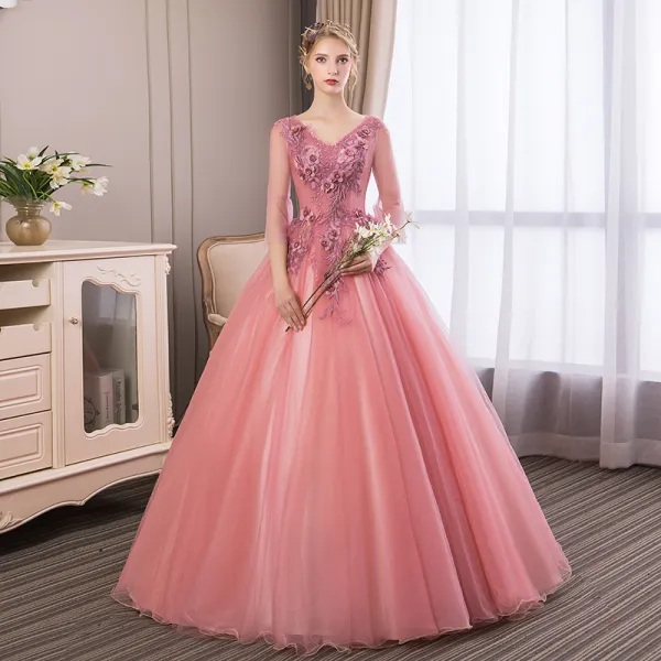 Affordable Candy Pink Prom Dresses 2018 Ball Gown Lace Flower Appliques Pearl Rhinestone V-Neck Backless 3/4 Sleeve Floor-Length / Long Formal Dresses