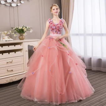 Affordable Candy Pink Prom Dresses 2018 Ball Gown Lace Flower Appliques Pearl Rhinestone Cascading Ruffles V Neck Backless Sleeveless Floor Length Long Formal Dresses