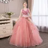 Affordable Candy Pink Prom Dresses 2018 Ball Gown Lace Flower Appliques Pearl Rhinestone Cascading Ruffles V-Neck Backless Sleeveless Floor-Length / Long Formal Dresses