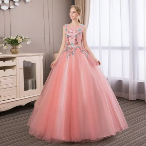 Abordable Rose Bonbon Robe De Bal 2018 Robe Boule En Dentelle Fleur Faux Diamant Encolure Dégagée Sans Manches Dos Nu Longue Robe De Ceremonie