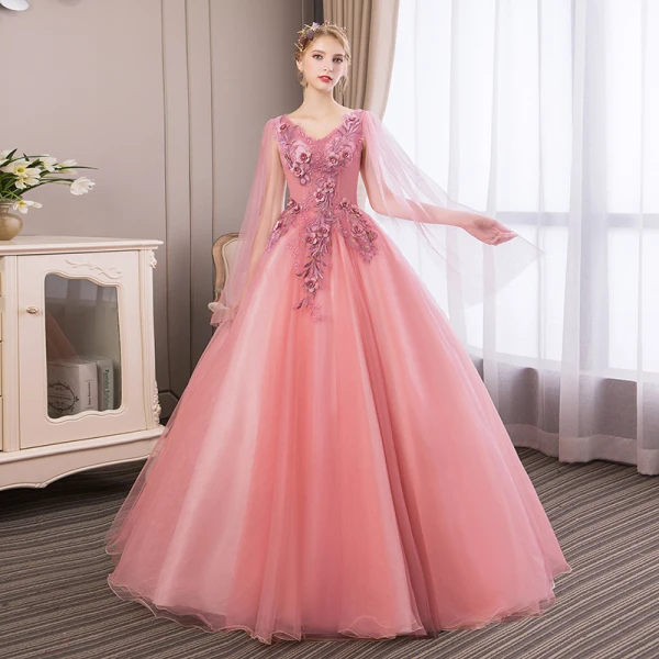 Abordable Rose Bonbon Robe De Bal 2018 Robe Boule En Dentelle Fleur Appliques Perle Faux Diamant V-Cou Dos Nu Manches Longues Longue Robe De Ceremonie