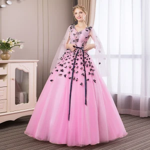 Abordable Rose Bonbon Robe De Bal 2018 Robe Boule En Dentelle Fleur Appliques Noeud V Cou Dos Nu Manches Longues Longue Robe De Ceremonie