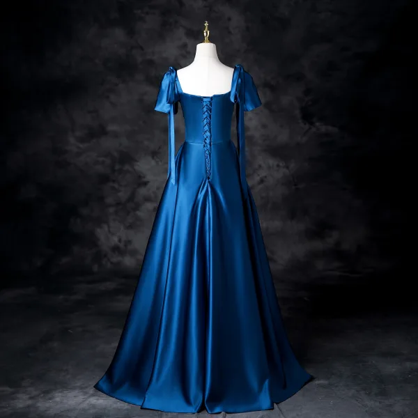 Vintage / Retro Royal Blue Satin Prom Dresses 2025 A-Line / Princess Square Neckline Short Sleeve Bow Backless Floor-Length / Long Prom Formal Dresses