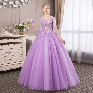 Affordable Lilac Prom Dresses 2018 Ball Gown Lace Flower Pearl Rhinestone V Neck Backless 3 4 Sleeve Floor Length Long Formal Dresses