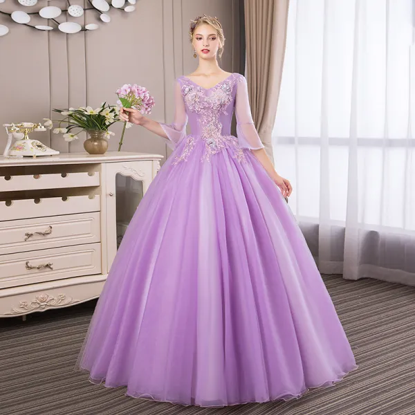 Affordable Lilac Prom Dresses 2018 Ball Gown Lace Flower Pearl Rhinestone V-Neck Backless 3/4 Sleeve Floor-Length / Long Formal Dresses