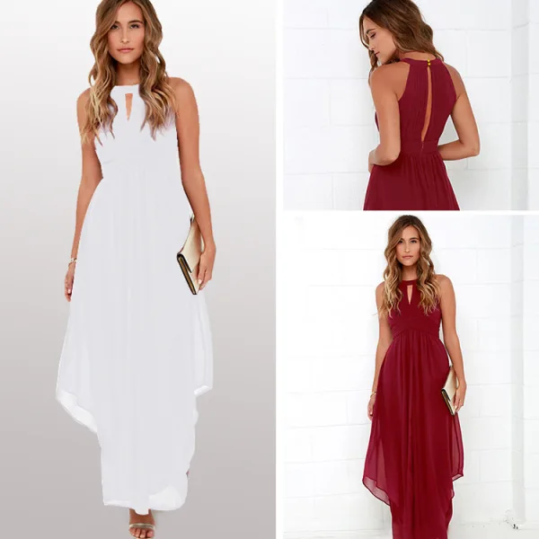 Simple Désinvolte Bordeaux Robes longues 2018 Princesse Dos Nu Encolure Dégagée Sans Manches Longueur Cheville Vêtements Femme