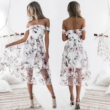 Moderne Mode Blanche Rendez Vous Robes Longues 2018 Princesse Impression De L Épaule Manches Courtes Thé Longueur Vêtements Femme