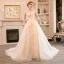 Elegante Champagner Brautkleider / Hochzeitskleider 2018 A Linie Perlenstickerei Perle Kristall Spitze Blumen Rundhalsausschnitt Rückenfreies 1/2 Ärmel Hof-Schleppe Hochzeit