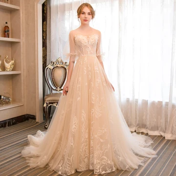 Élégant Champagne Robe De Mariée 2018 Princesse Appliques Encolure Dégagée 1 2 Manches Dos Nu Tribunal Train Mariage