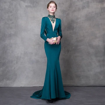 Luxury Gorgeous Ink Blue Evening Dresses 2018 Trumpet Mermaid Crystal Rhinestone Sash High Neck Backless Long Sleeve Sweep Train Formal Dresses