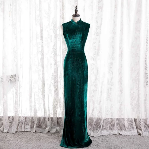 Chinese Style Dark Green Cheongsam Qipao Trumpet Mermaid Evening Dresses  2021 High Neck Sleeveless Suede Evening Party Floor Length Long Formal  Dresses