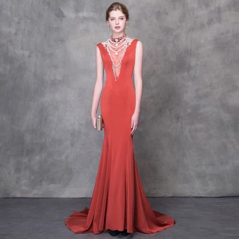 Luxe Orange Robe De Soirée 2018 Trompette Sirène Perlage Cristal Perle Col Haut Dos Nu Sans Manches Train De Balayage Robe De Ceremonie