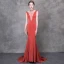 Luxury / Gorgeous Orange Evening Dresses  2018 Trumpet / Mermaid Beading Crystal Pearl High Neck Backless Sleeveless Sweep Train Formal Dresses