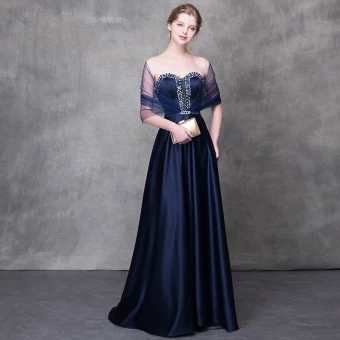 Elegant Navy Blue Evening Dresses 2018 A Line Princess Crystal Rhinestone Sash Sweetheart Backless Sleeveless Sweep Train Formal Dresses