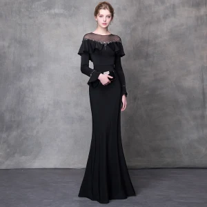 Elegant Svart Selskapskjoler 2018 Trompet Havfrue Krystall Rhinestone Sash Scoop Halsen Langermede Feie Tog Formelle Kjoler