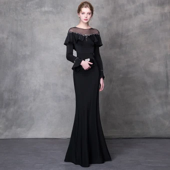 Elegant Black Evening Dresses 2018 Trumpet Mermaid Crystal Rhinestone Sash Scoop Neck Long Sleeve Sweep Train Formal Dresses