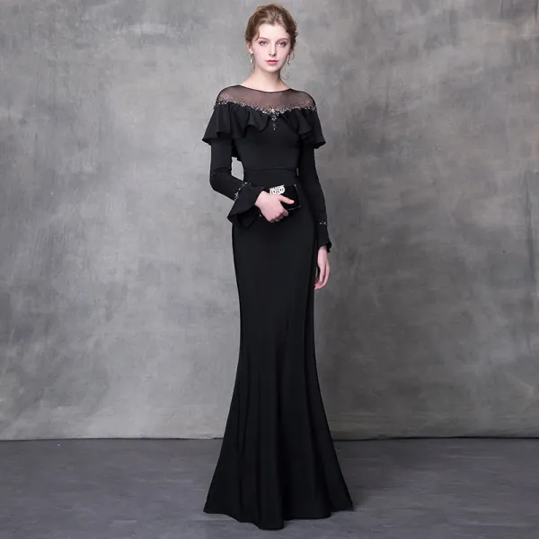 Elegant Black Evening Dresses  2018 Trumpet / Mermaid Crystal Rhinestone Sash Scoop Neck Long Sleeve Sweep Train Formal Dresses