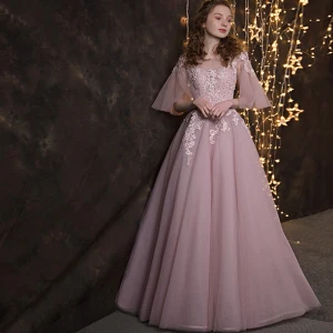 Chic Beautiful Blushing Pink Prom Dresses 2018 A Line Princess Lace Appliques Pearl Sash Scoop Neck Backless 3 4 Sleeve Floor Length Long Formal Dresses