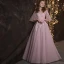 Chic / Beautiful Blushing Pink Prom Dresses 2018 A-Line / Princess Lace Appliques Pearl Sash Scoop Neck Backless 3/4 Sleeve Floor-Length / Long Formal Dresses
