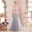 Elegant Grey Prom Dresses 2018 A-Line / Princess Appliques V-Neck Backless Sleeveless Sweep Train Formal Dresses
