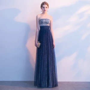 Scintillantes Bleu Marine Ciel Étoilé Robe De Soirée 2017 Princesse Glitter Faux Diamant Bustier Dos Nu Sans Manches Longue Robe De Ceremonie