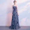 Sparkly Glitter Evening Dresses  2017 A-Line / Princess Lace Sequins Sash Scoop Neck Sleeveless Court Train Formal Dresses