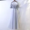 Chic / Beautiful Grey Evening Dresses  Appliques 2017 A-Line / Princess Lace Backless Sash Scoop Neck Ankle Length Formal Dresses