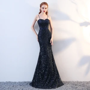 Luxury Gorgeous Navy Blue Evening Dresses 2017 Trumpet Mermaid Sequins Beading Spaghetti Straps Backless Sleeveless Floor Length Long Formal Dresses