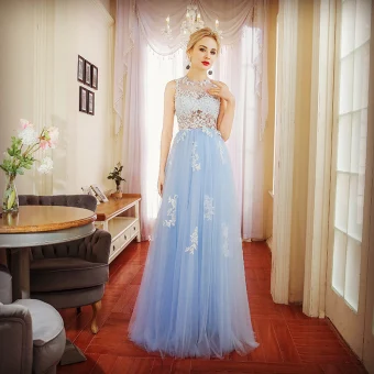 Chic Belle Bleu Ciel Robe De Soirée 2017 Princesse En Dentelle Appliques Encolure Dégagée Sans Manches Longue Robe De Ceremonie