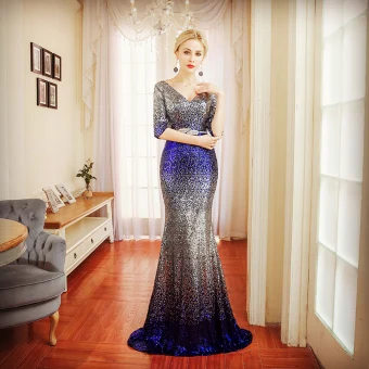 Scintillantes Robe De Soirée 2018 Trompette Sirène Métal Ceinture Paillettes V Cou Dos Nu 1 2 Manches Train De Balayage Robe De Ceremonie