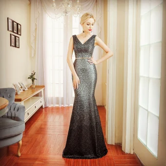 Sparkly Evening Dresses 2018 Trumpet Mermaid Sleeveless Sequins Sash V Neck Backless Floor Length Long Formal Dresses