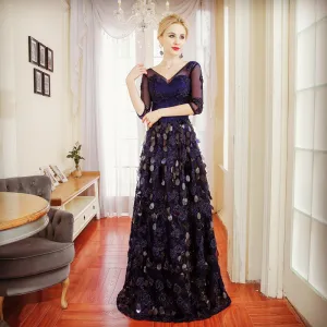 Chic Belle Bleu Marine Robe De Soirée 2017 Princesse Perlage Paillettes V Cou Dos Nu 1 2 Manches Longue Robe De Ceremonie