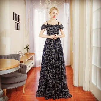 Chic Belle Bleu Marine Robe De Soirée 2018 Princesse Perle Bretelles Spaghetti Dos Nu Manches Courtes Longue Robe De Ceremonie