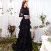 Chic / Beautiful Black Evening Dresses  2017 A-Line / Princess Lace Cascading Ruffles Scoop Neck Long Sleeve Sweep Train Formal Dresses
