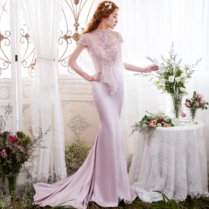 Élégant Rougissant Rose Robe De Soirée 2017 Trompette Sirène En Dentelle Fleur Paillettes Encolure Dégagée Dos Nu 1 2 Manches Tribunal Train Robe De Ceremonie