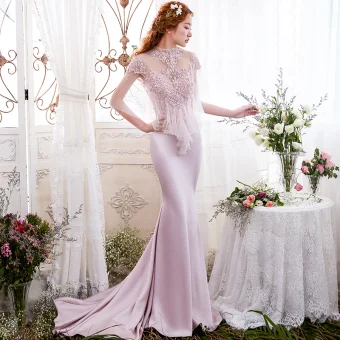 Élégant Rougissant Rose Robe De Soirée 2017 Trompette Sirène En Dentelle Fleur Paillettes Encolure Dégagée Dos Nu 1 2 Manches Tribunal Train Robe De Ceremonie