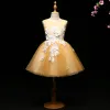Chic / Beautiful Yellow Flower Girl Dresses 2017 Ball Gown Appliques Scoop Neck Backless Sleeveless Short Wedding Party Dresses