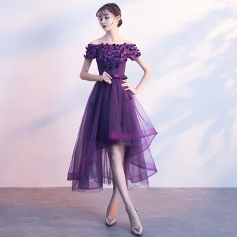 Chic Beautiful Purple Cocktail Dresses 2017 A Line Princess Bow Appliques Crystal Off The Shoulder Backless Asymmetrical Formal Dresses