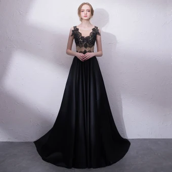 Elegant Black Evening Dresses 2018 A Line Princess Lace V Neck Sleeveless Court Train Formal Dresses