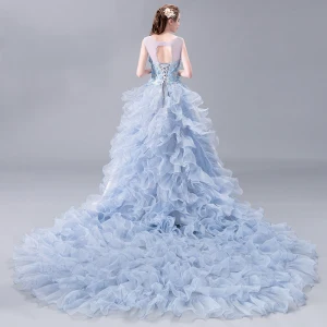 Étourdissant Robe De Bal 2018 Princesse En Dentelle Appliques Perle Encolure Dégagée Dos Nu Sans Manches Royal Train Robe De Ceremonie