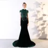 Chic / Beautiful Dark Green Evening Dresses  2018 Trumpet / Mermaid Lace Appliques Beading Crystal Scoop Neck Backless Short Sleeve Court Train Formal Dresses