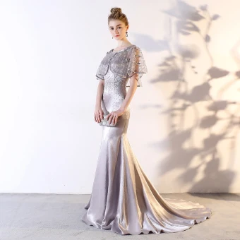 Chic Beautiful Silver 2 Piece Evening Dresses 2018 Trumpet Mermaid Beading Bow Scoop Neck 1 2 Sleeves Court Train Formal Dresses
