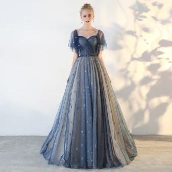 Élégant Robe De Bal 2018 Princesse Étoile Dos Nu Encolure Carrée Manches Courtes Longue Robe De Ceremonie