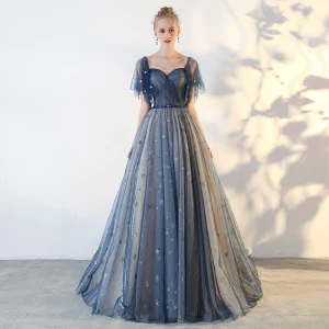 Elegant Prom Dresses 2018 A Line Princess Star Backless Square Neckline Short Sleeve Floor Length Long Formal Dresses