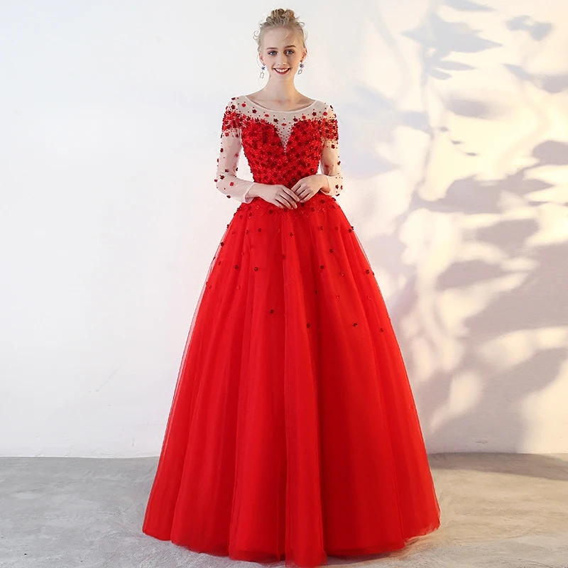 Korean Prom Red Gown Chic Beautiful Red Prom Dresses 2018 Ball Gown Lace  Appliques Sequins Scoop