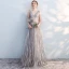 Chic / Beautiful Grey Evening Dresses  2017 A-Line / Princess Lace Appliques Bow V-Neck Backless Sleeveless Floor-Length / Long Formal Dresses